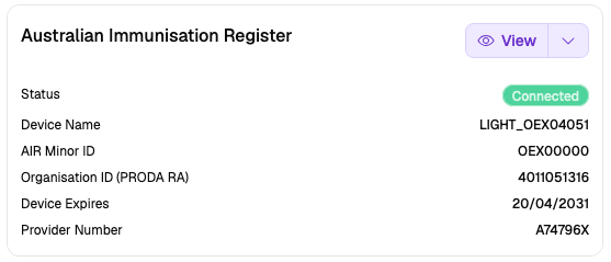 AIR Integration card showing Connected status