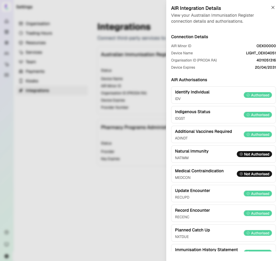 AIR Integration Details showing authorisations
