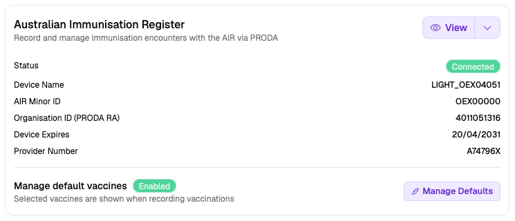 AIR integration card showing Manage default vaccines with Enabled badge and Manage Defaults button