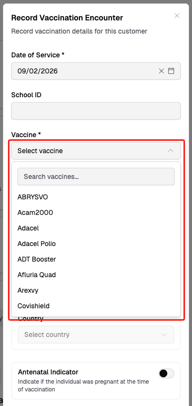 Vaccine selection dropdown