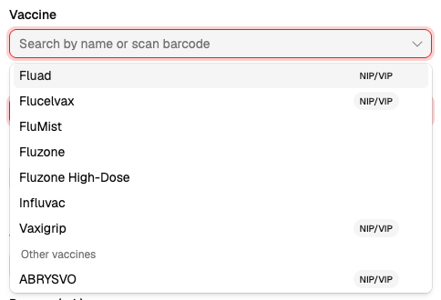Vaccine dropdown showing likely vaccines and Other vaccines group heading